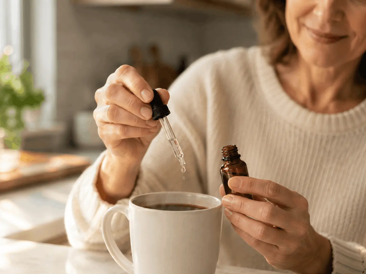 Woman adding Audifort drops to her morning coffee — easy daily hearing support routine