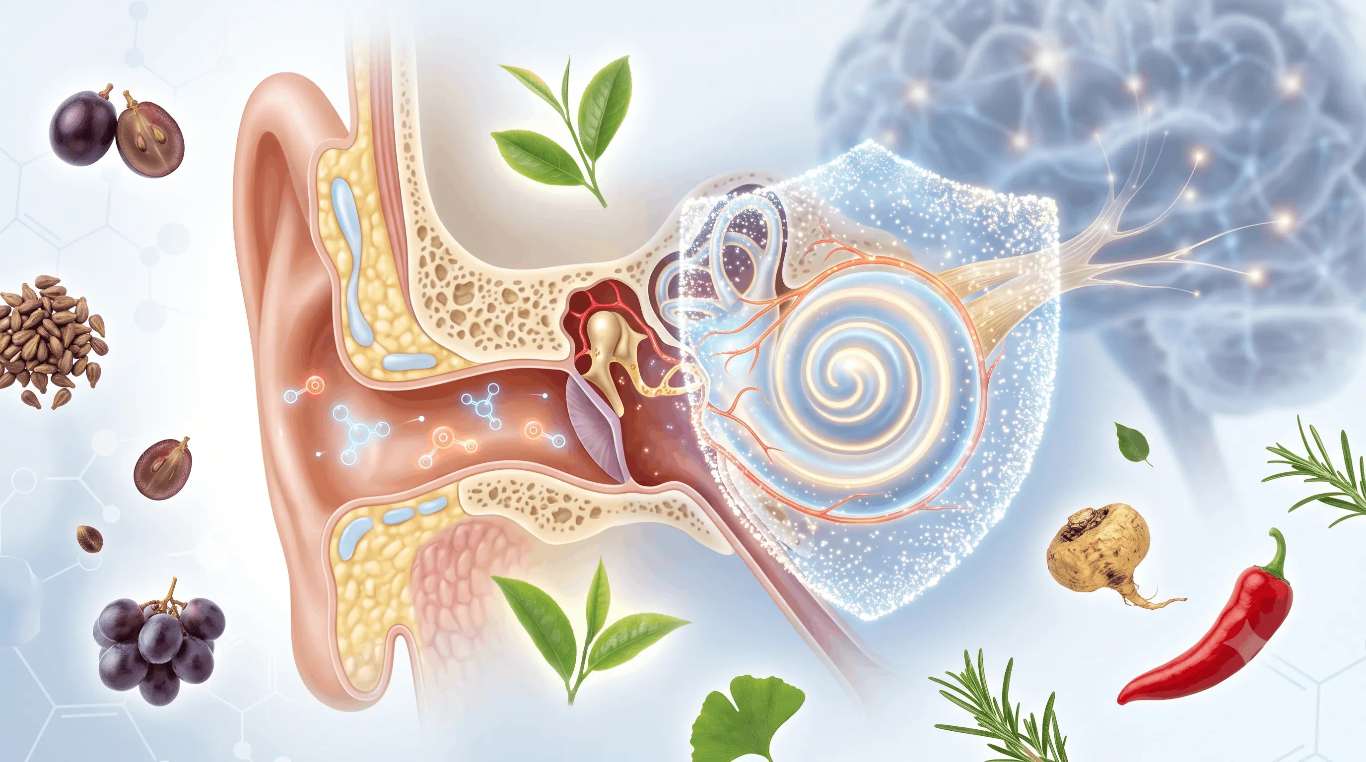 Natural ingredients for hearing health — inner ear anatomy and botanicals illustration