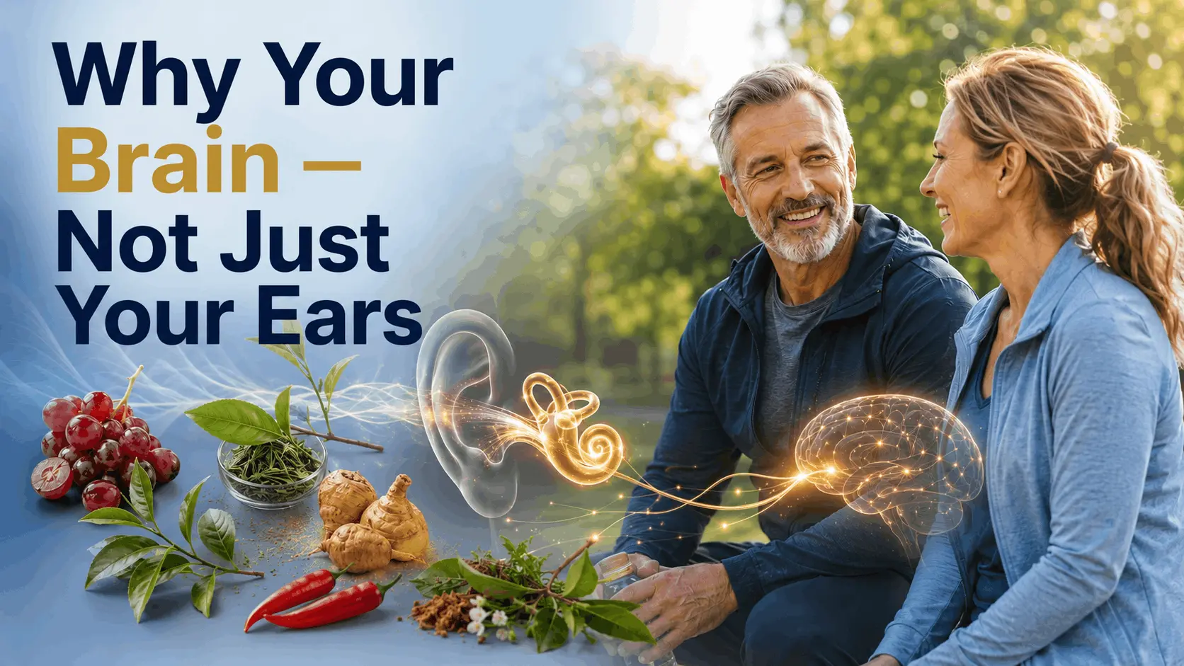 Brain and ears connection — hearing health research couple outdoors