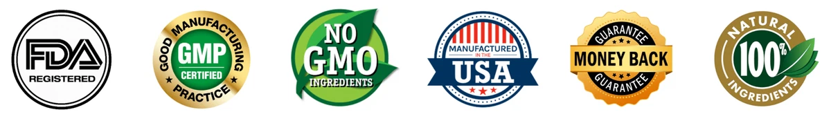 Audifort certifications: FDA Registered, GMP Certified, No GMO Ingredients, Manufactured in USA, Money Back Guarantee, 100% Natural Ingredients