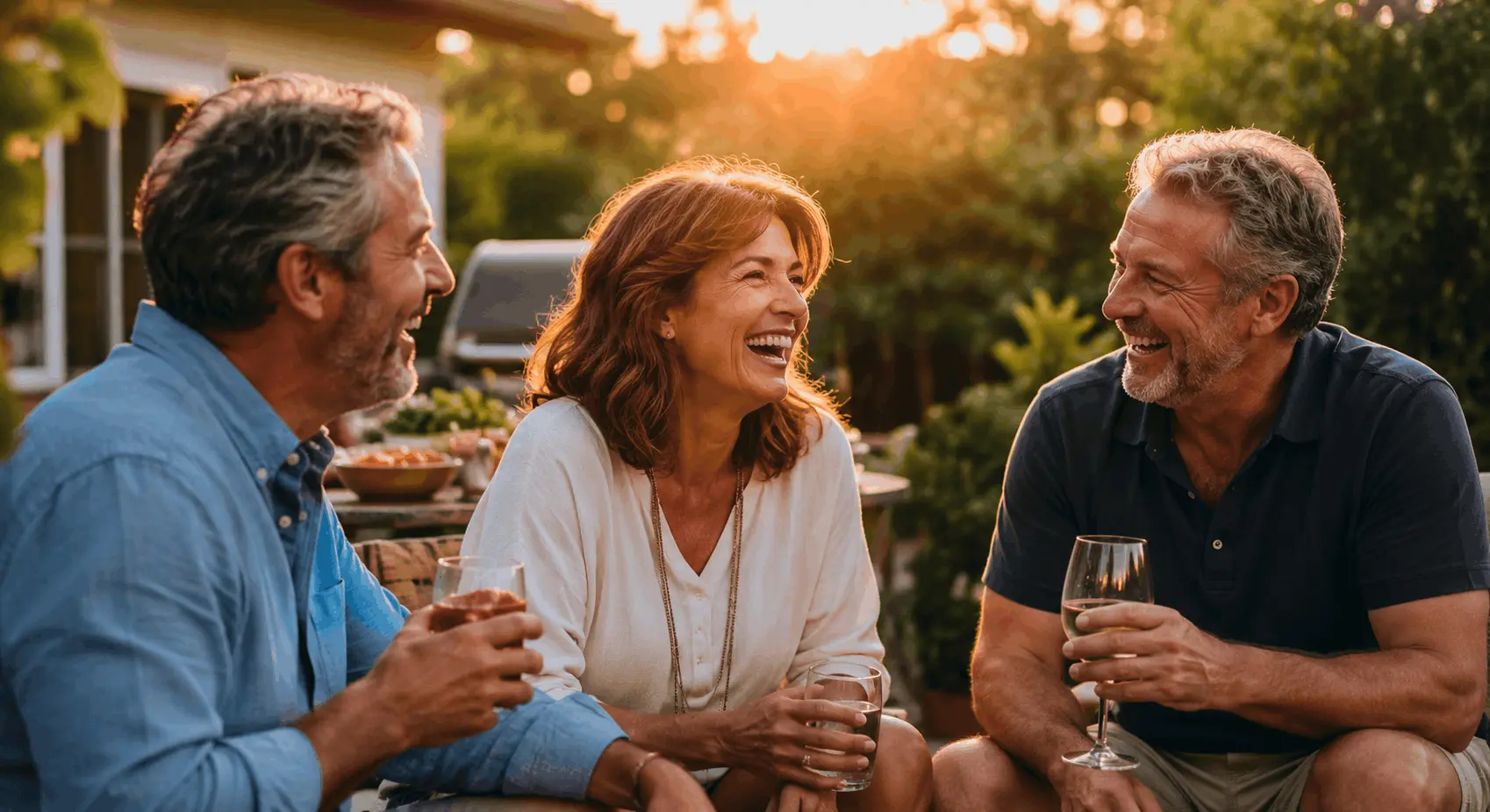 American adults in their 50s laughing and enjoying outdoor conversation — quality of life with healthy hearing