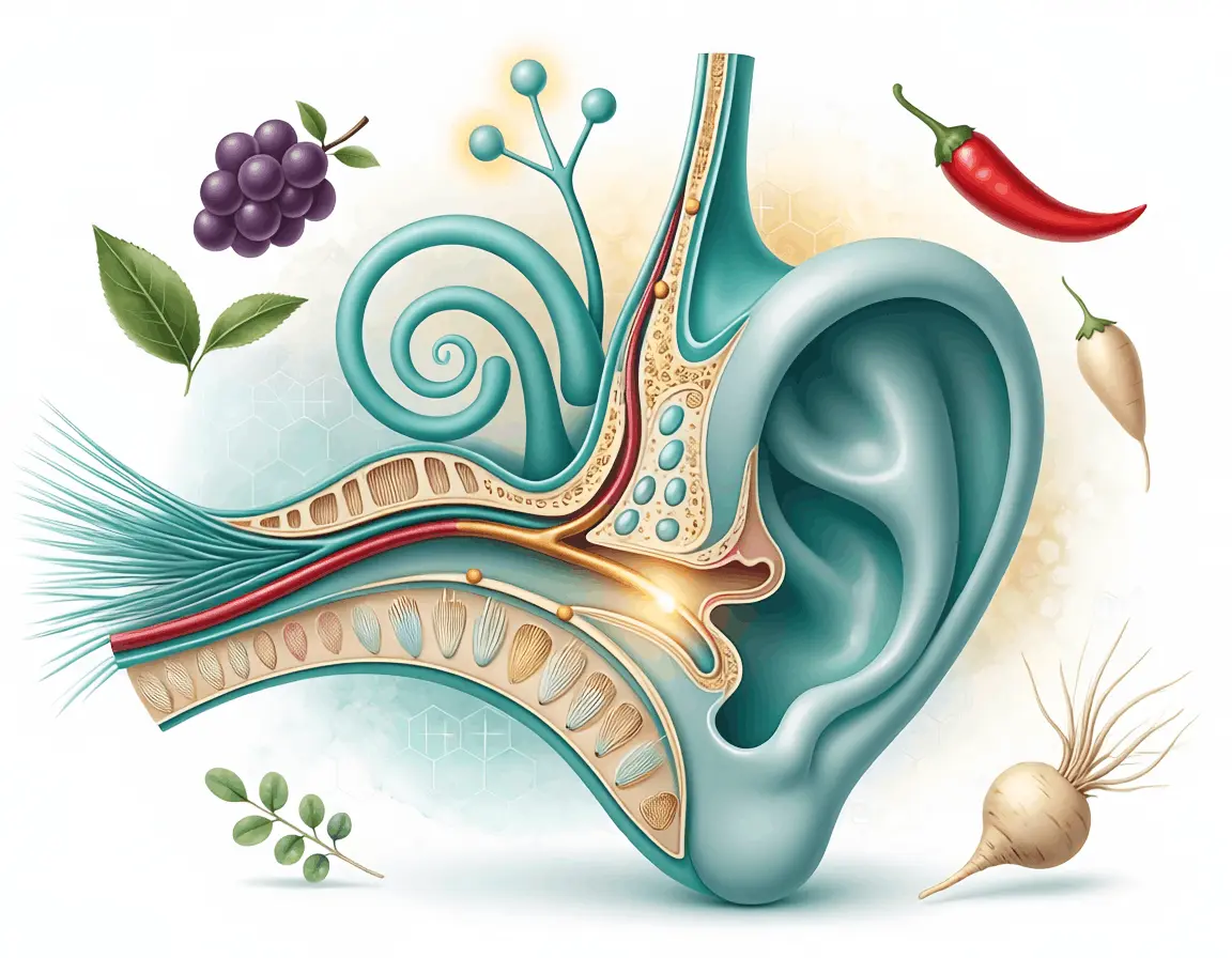 Inner ear anatomy illustration showing cochlea, hair cells, and botanical ingredients that support hearing health