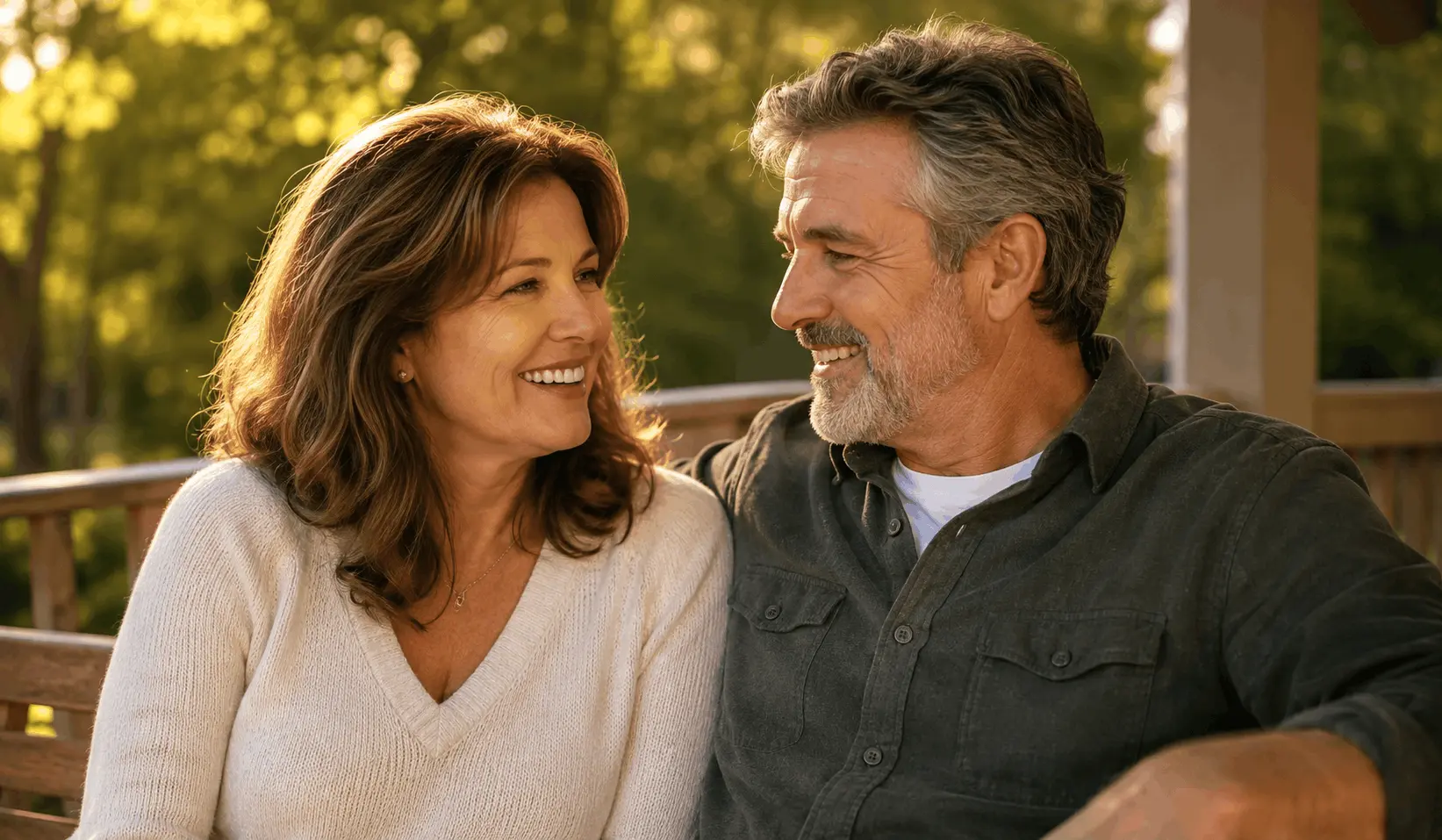 American couple in their 50s enjoying conversation outdoors — hearing health and quality of life