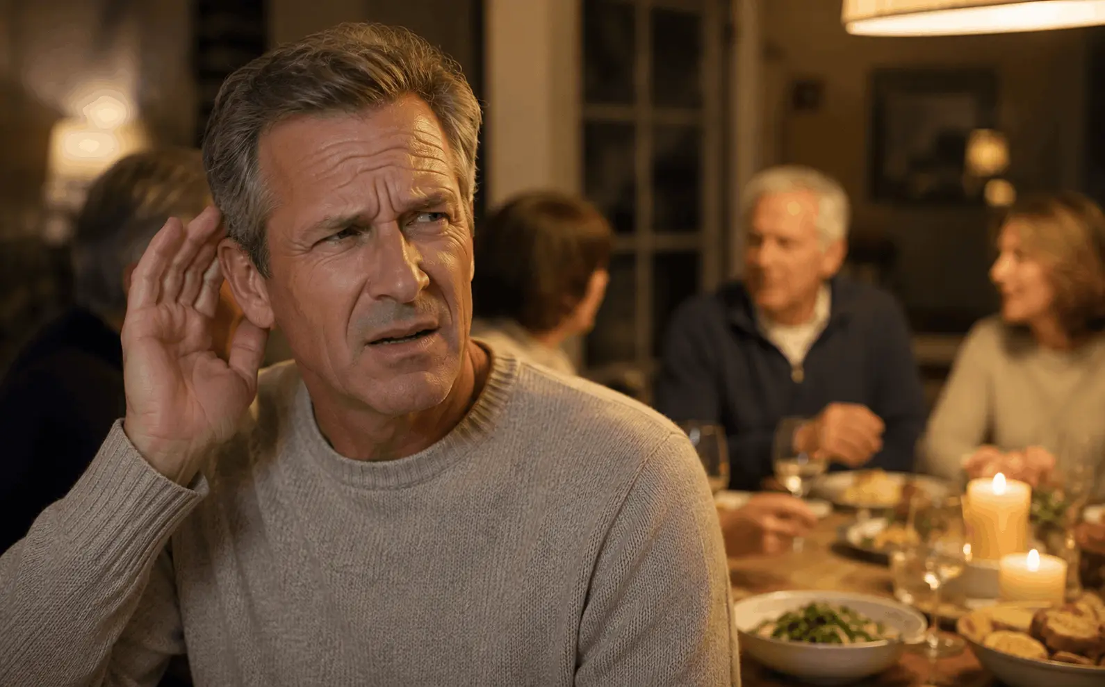 Man straining to hear at family dinner table — relatable hearing difficulty scenario